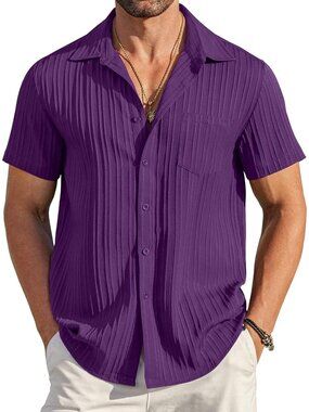 Men's Purple Short Sleeve Textured Summer Collared Casual Button Down Shirts